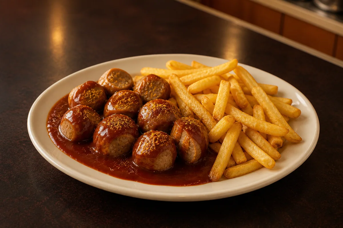 Currywurststücke mit würziger Soße und goldenen Pommes auf einem hellen Teller