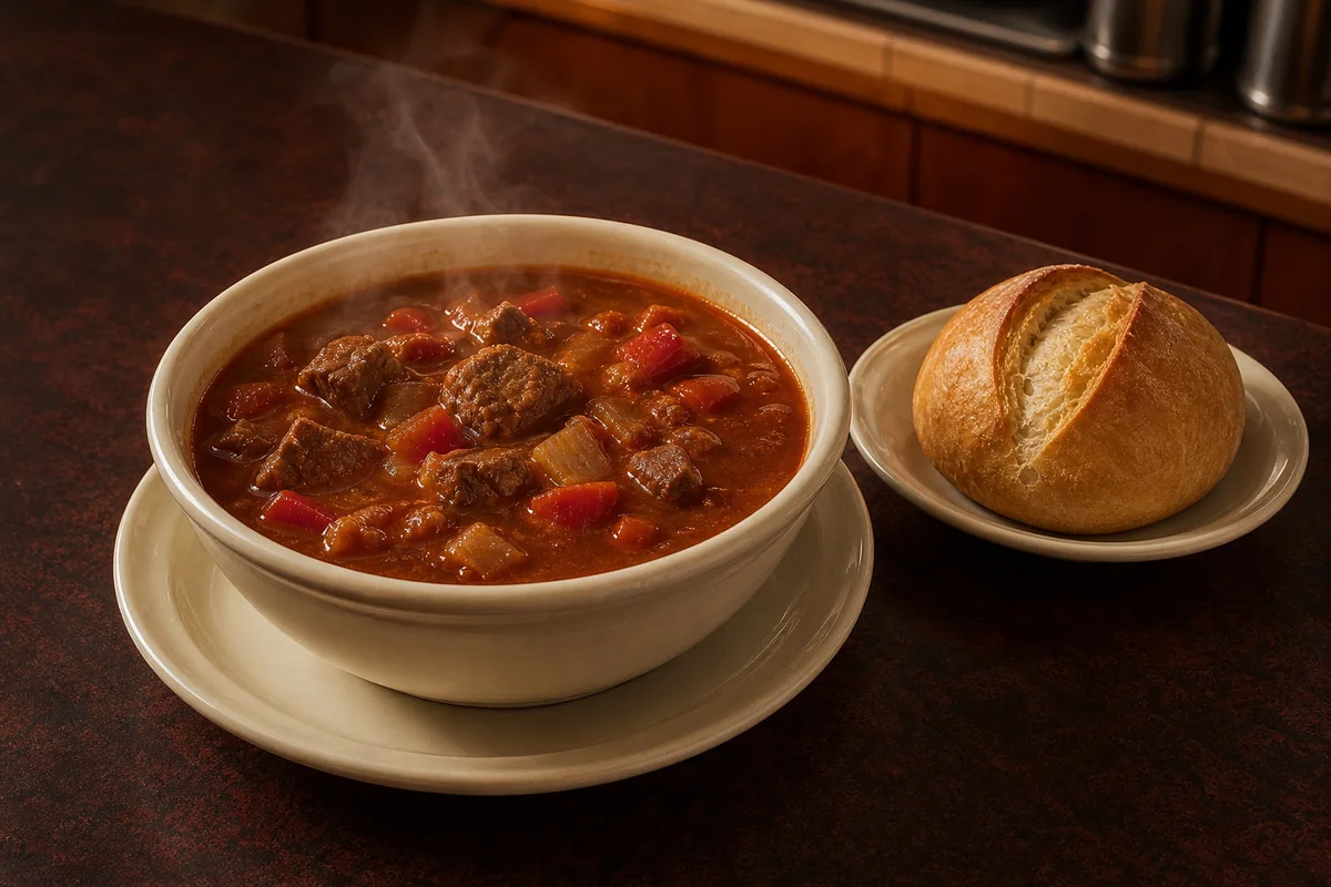 Dampfende kräftige Suppe mit Fleisch und Paprika, dazu ein frisches Brötchen