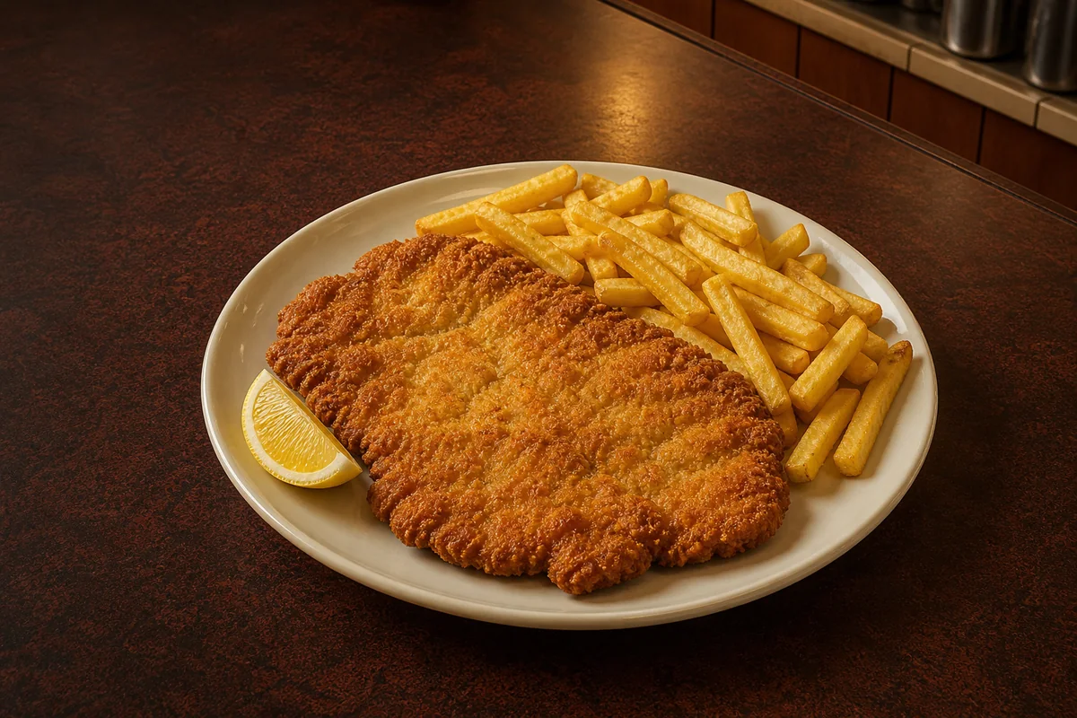 Goldbraun gebratenes Schnitzel mit Pommes und einer Zitronenspalte